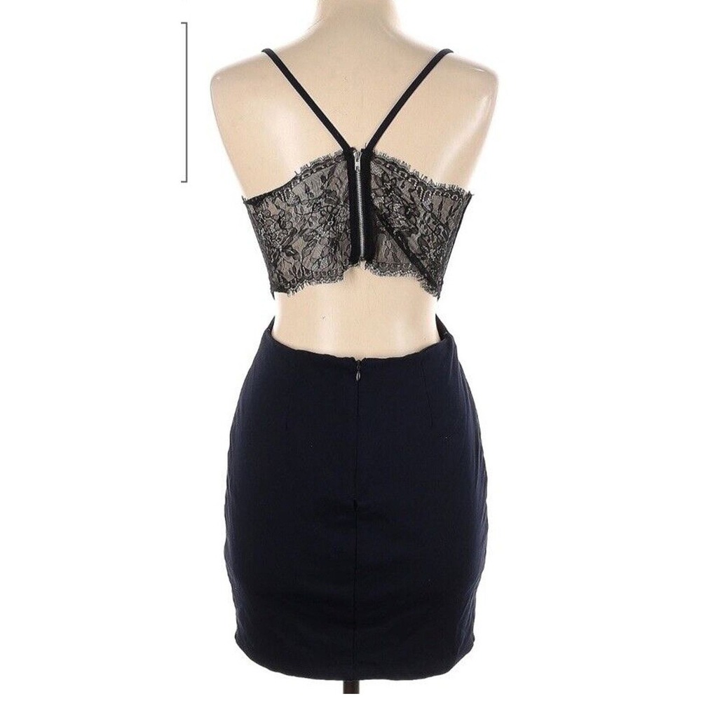 Lulus Navy Blue Lace Trim V Neckline Mini Dress Bodycon Cutout Back Size L Party